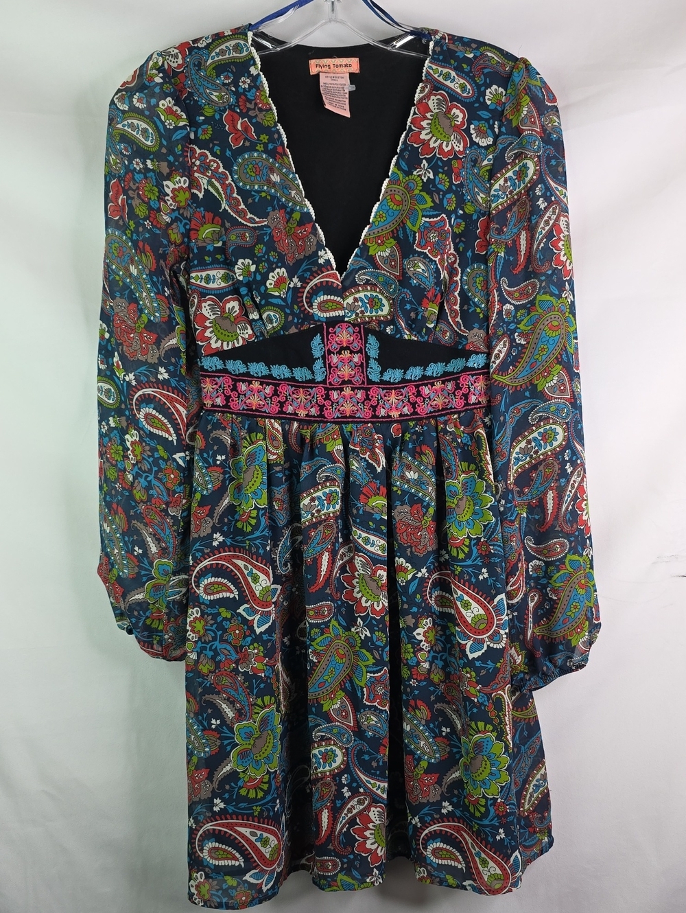 Flying Tomato Size S Long Sleeve Paisley Midi Dress - Navy Multicolor Fall